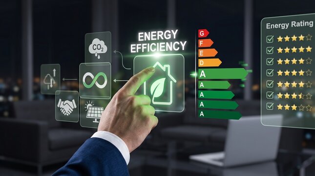 Hand interacting with a digital energy efficiency interface featuring ratings, sustainability icons, and green house symbols in a modern office.