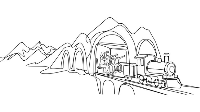 Continuous line drawing of a train emerging from a mountain tunnel with passengers inside