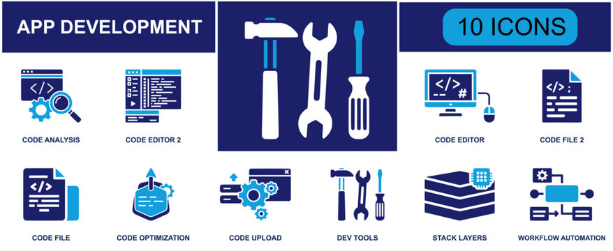 App development icon set. Containing code analysis, code editor, code file, code optimization, code upload, dev tools, stack layers, workflow automation and more. Solid fill vector icons.