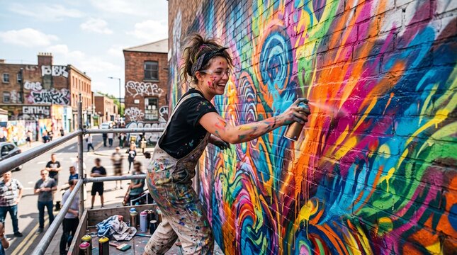 Joyful female street artist wearing stained overalls uses a metal spray paint can to create vibrant abstract graffiti art on a rustic red brick wall during a sunny afternoon day.