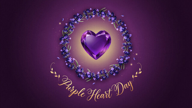 Purple Heart Day wreath with lavender flowers and gemstone heart