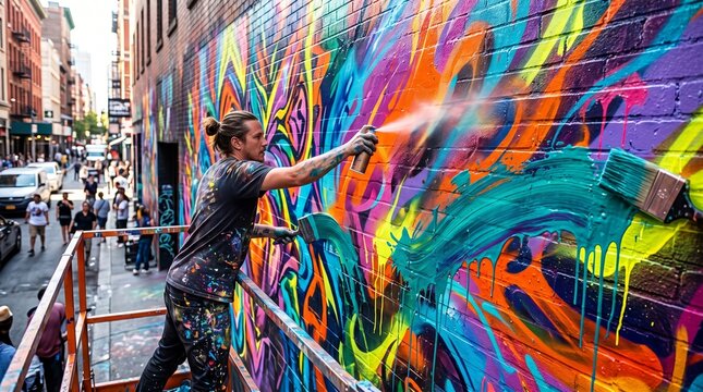 Professional street artist with long hair sprays vibrant neon paint onto a large textured urban brick wall using a metallic aerosol can while standing on an elevated metal scaffolding platform.