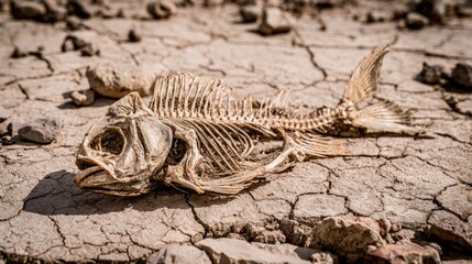 Naklejka premium Detailed close-up of a weathered fish skeleton lying on dry cracked earth surface showing intricate bone structure and desiccated environment in natural light