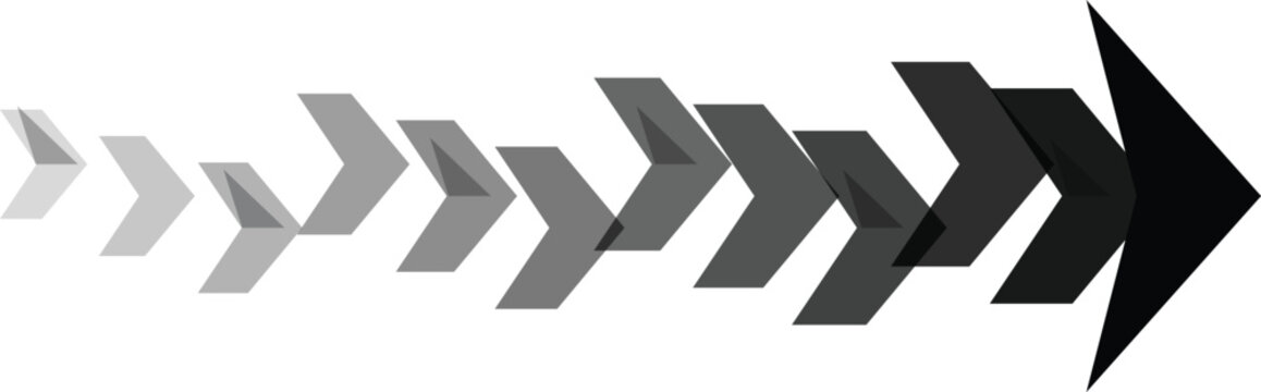 Arrow graphic progression forward motion leading to black arrowhead against white background