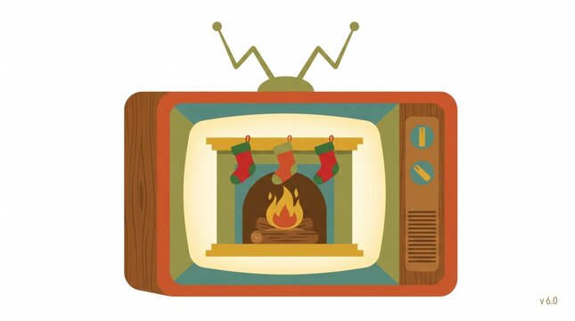 Retro Television Displaying Christmas Fireplace and Hanging Stockings