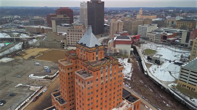 Aerial view of Mayflower Manor Apartments and Akron skyline with PNC Tower Akron Ohio USA 