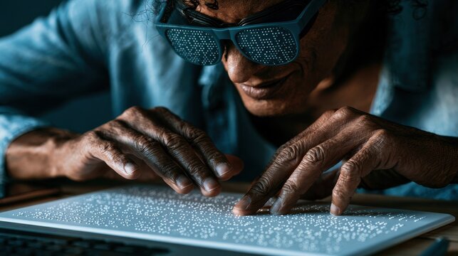Close-up of visually impaired elderly person reading braille text on illuminated tactile reading board with hands feeling raised dots for accessibility and learning