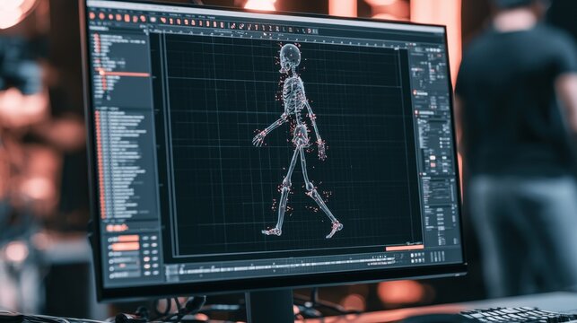 Computer screen showing 3D skeletal motion capture animation rig for human walking cycle in dark software interface on blurred background with person working