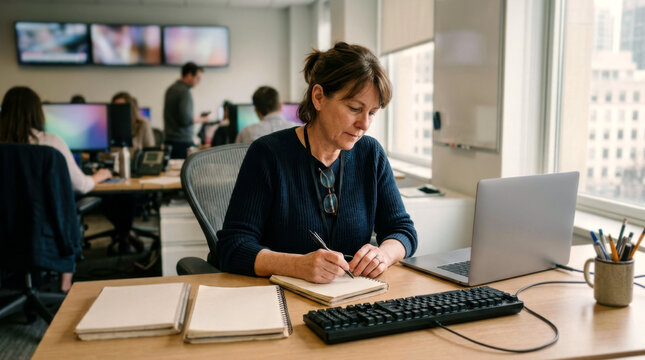 Newsroom operations editor organizing a backup workflow at a minimalist desk during a software migration