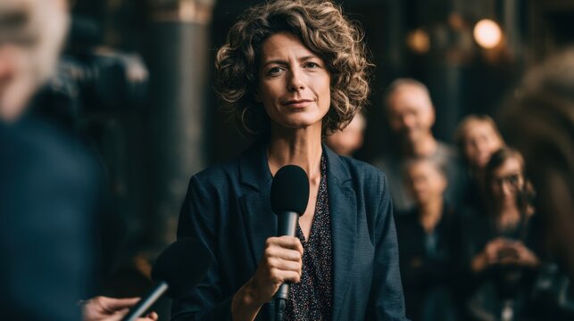 Confident female journalist holding microphone reporting live at event with blurred audience and camera in background professional media coverage scene
