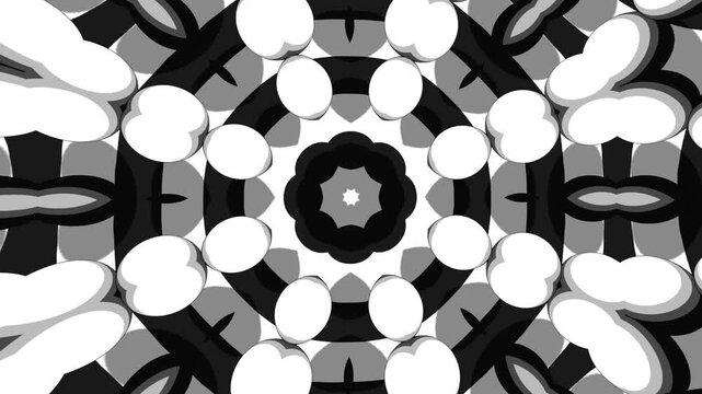 Black and White Abstract Geometric Kaleidoscope Animation with Symmetrical Mosaic Pattern Dynamic Motion Background for Creative Digital Content and Advertising