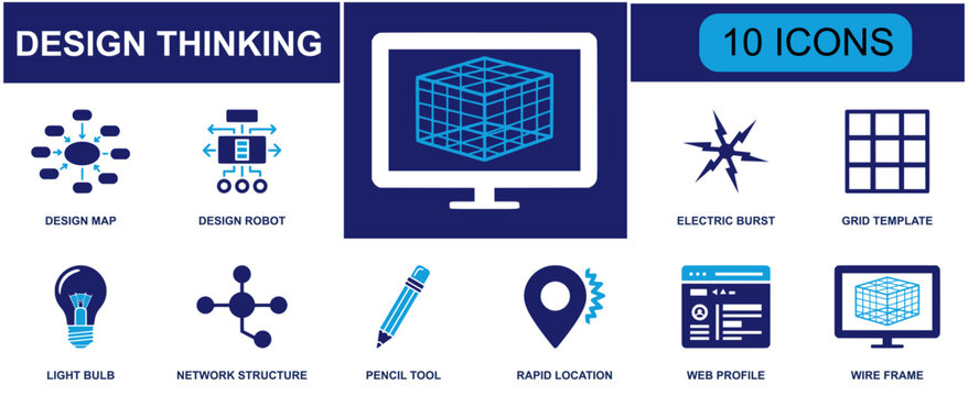 Design thinking icon set. Containing design map, design robot, electric burst, grid template, light bulb, network structure, pencil tool, location pin and more. Solid fill vector icons.