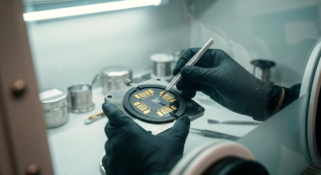 Semiconductor researcher loading atom-thin flakes into glovebox with wafer holder, gold contact pads, and ceramic tools