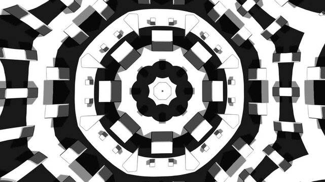 Abstract Black and White Kaleidoscope Background with Monochrome Geometric 3D Pattern Seamless Symmetrical Motion Loop for Motion Graphics Digital Media and Creative Visual Design