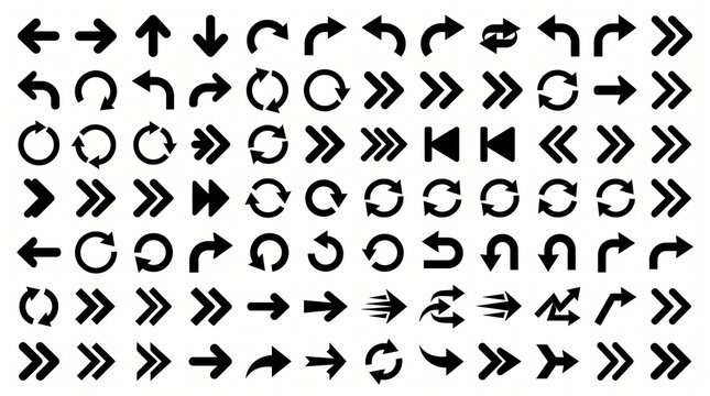 A premium collection of bold black vector arrow icons featuring modern navigation symbols, directional pointers, curved arrows, circular rotation arrows, double arrows, triple-chevron arrows, forward 