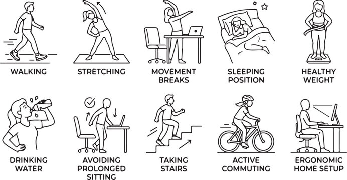 Healthy lifestyle vector icons set. Walking stretching movement breaks sleeping position healthy weight drinking water avoiding prolonged sitting taking stairs active commuting ergonomic home setup.
