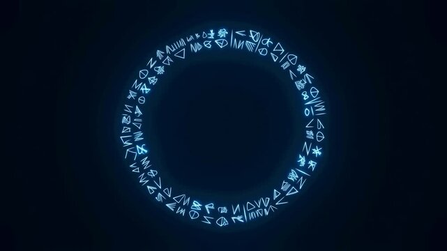 Slow zoom of glowing rune ring expanding and rotating over dark void center in futuristic digital interface