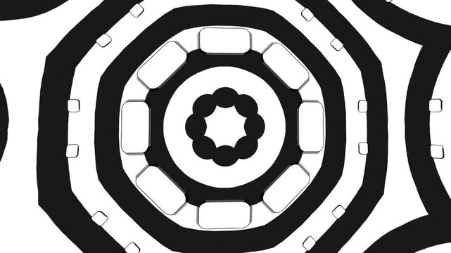 Abstract Black and White Geometric Kaleidoscope Loop with Dynamic Symmetrical Texture for Creative Media Technology Presentations and Broadcast Graphics