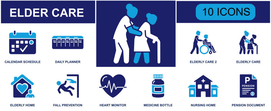 Elder care icon set. Containing calendar, planner, wheelchair, caregiver, elderly home, fall prevention, heart monitor, medicine bottle, nursing home and more. Solid fill vector icons.