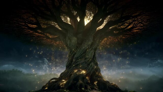 Slow motion static shot of ancient glowing tree releasing floating lights in misty valley at dawn