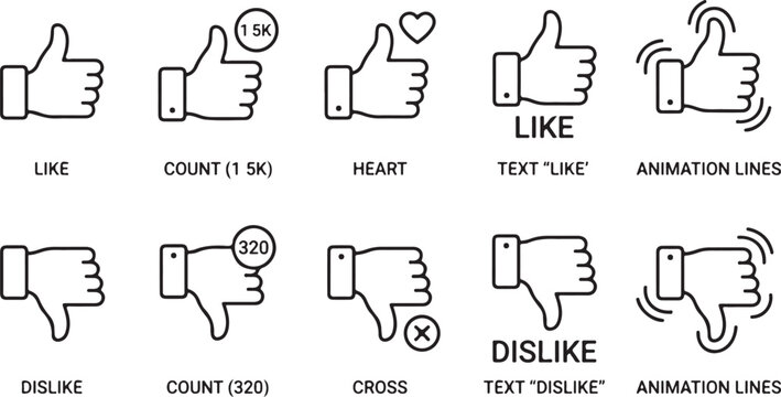 Thumbs up and thumbs down icons with various states and animations for like and dislike feedback.