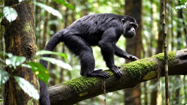 A wild chimpanzee navigates through the lush foliage of the dense tropical rainforest canopy while searching for food in its natural habitat during a humid afternoon within the heart of Africa