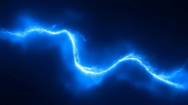 Slow motion tracking shot of electric arc moving and pulsing across dark background in studio with glowing blue lightning energy