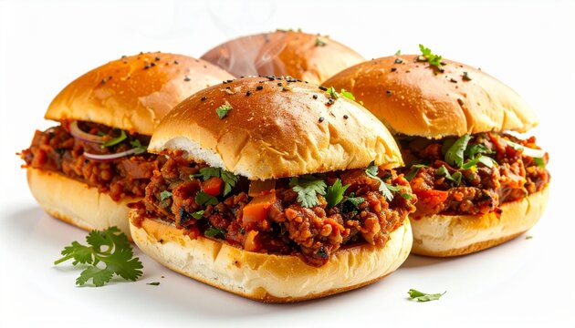 Fresh misal pav with steam effects, spicy Indian street food presentation, isolated on white background, realistic food photography
