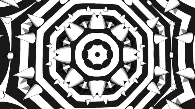 Monochrome Abstract Pattern Animation with Kaleidoscopic Symmetry, Geometric 3D Forms and Soft Gray Midtones