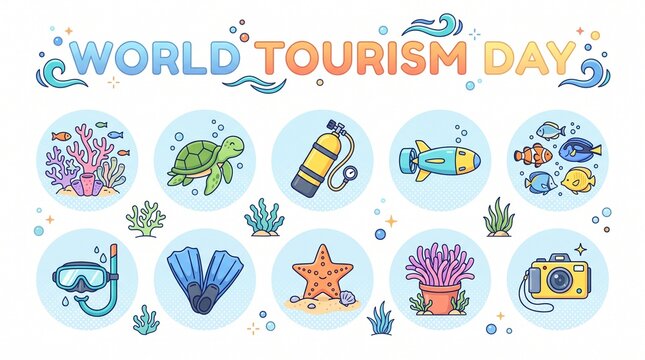 World tourism day icons featuring marine life and diving equipment