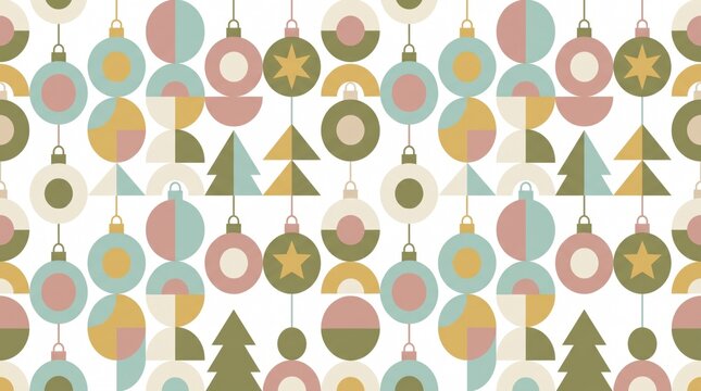 Minimalist Christmas Pattern With Geometric Baubles and Trees