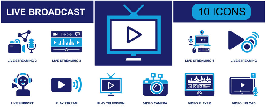 Live broadcast icon set. Containing live streaming, broadcast dashboard, studio mic, live support, play stream, television, video camera, video player and more. Solid fill vector icons.