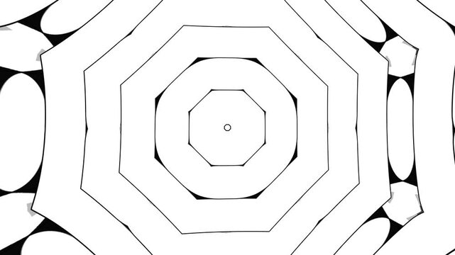 Monochrome Kaleidoscopic Motion Background with Cartoon Style Geometric Forms and Dynamic Black Gray White Composition