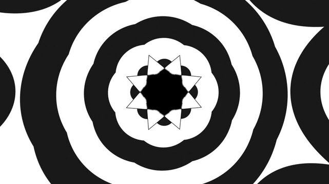 Black and White Abstract Kaleidoscope with Rotating Geometric 3D Shapes and Symmetrical Pattern for Digital Backgrounds