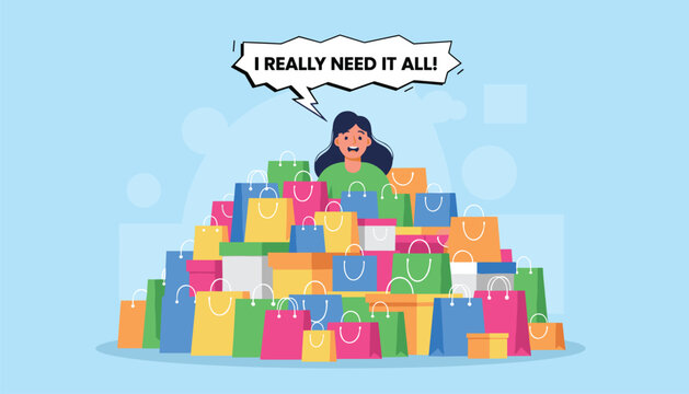 Excessive consumerism representation with a woman buried under a massive pile of colorful shopping bags demanding it all.