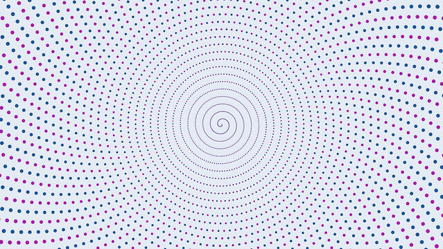 Abstract spiral pattern of alternating blue and purple dots on a light background