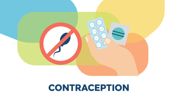Hand holding birth control pills and condom next to banned sperm sign for family planning and safe sex awareness.