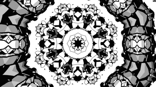 Grayscale Kaleidoscope Animation Featuring Abstract 3D Geometric Forms in High Contrast Monochrome Cartoon Style