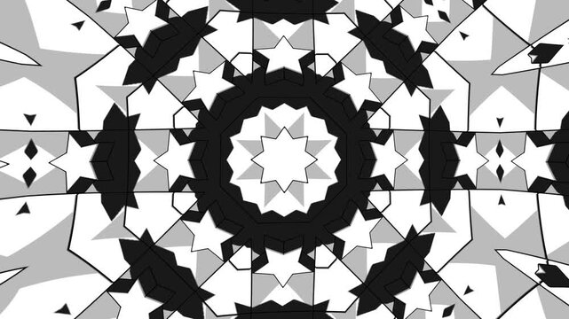 Abstract Black and White Kaleidoscope Pattern with Stylized Geometric Cartoon Shapes and Seamless Motion Background