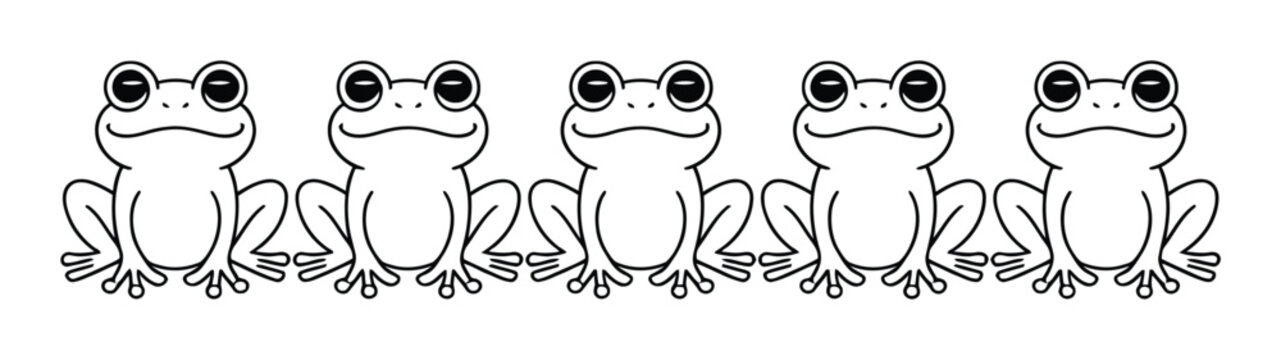 シンプルな白黒線画で描かれたかわいい漫画風のカエル5匹