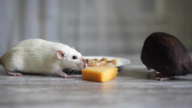 A black rat sniffing the air near a plate of assorted snacks and a slice of yellow cheese on a table. Home setting, foraging and eating