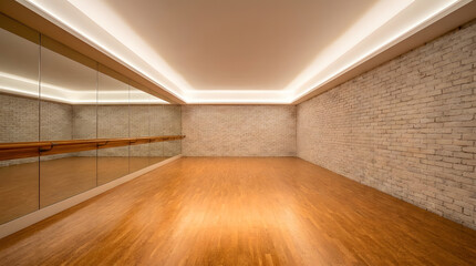 Fototapeta premium Modern empty dance studio interior | Yoga studio with mirrors and ballet barre | Professional fitness room with brick walls | Hardwood floor dance rehearsal space