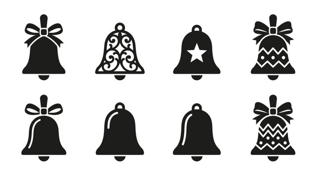 Decorative bell icon set showing bows, stars, and patterns for festive and holiday celebration concepts

