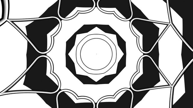Futuristic Black and White Kaleidoscope Animation with Abstract Cartoon Geometry, Repeating 3D Forms and Monochrome Motion Design