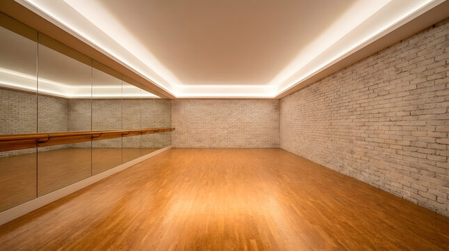 Modern empty dance studio interior | Yoga studio with mirrors and ballet barre | Professional fitness room with brick walls | Hardwood floor dance rehearsal space