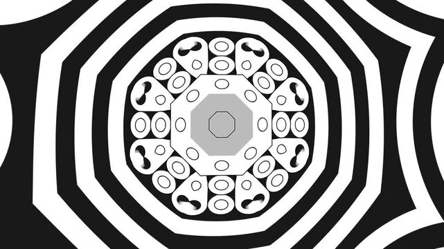 Modern Grayscale Kaleidoscope Background with Abstract Geometric 3D Shapes, Soft Midtones and Graphic Symmetry