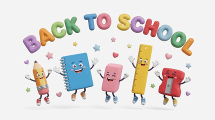 Fototapeta premium Cute 3D back to school illustration featuring smiling notebook, book, pen, pencil, ruler, sharpener and eraser characters. Ideal for education, children, classroom promotions and learning materials.