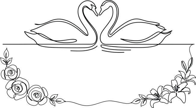 Continuous line of two swans forming a heart with floral border