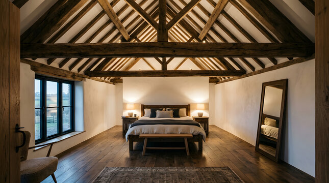 Rustic barn conversion bedroom design | Luxury master bedroom with exposed wooden beams | Modern farmhouse interior with vaulted ceiling | Cozy attic bedroom with hardwood floors