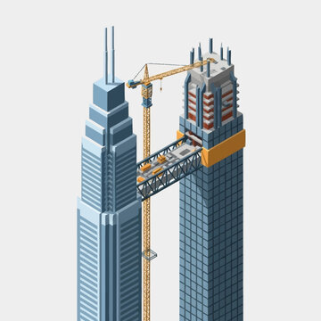 Modern Skyscraper Under Construction with Crane and Workers.